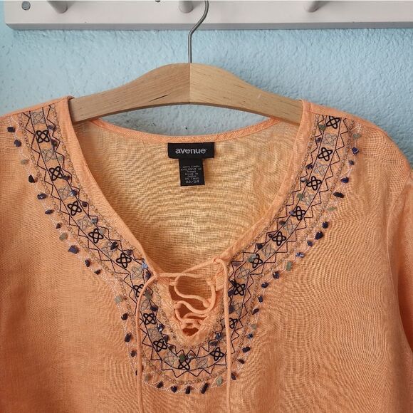 Avenue 100% linen sorbet embroidery embellish 3/4 sleeve tunic style blouse - Picture 2 of 11